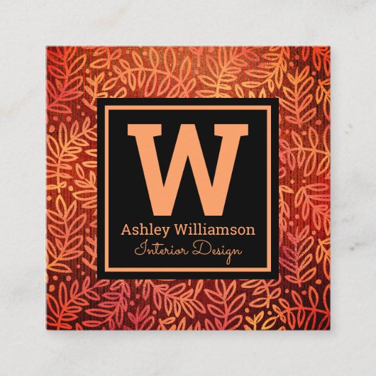 モノグラムモダンのオレンジ色の金ゴールドの葉葉のパターン スクエア名刺 (正面)