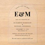 モノグラムモダンイニシャルアーチ日付の保存 アクリル招待状 (正面)