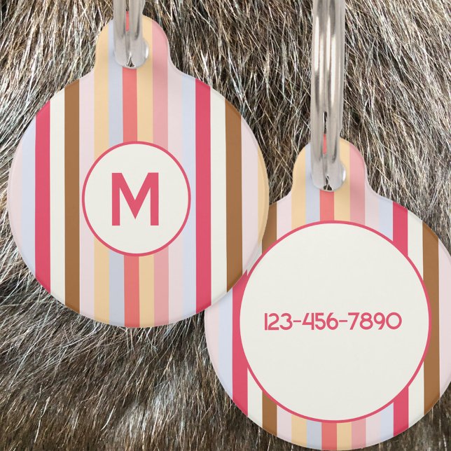 モノグラムモダンイニシャルパステルキャンディストライプー ペット　ネームタグ (Pastel Stripe personalized monogram initial phone number pet tag)
