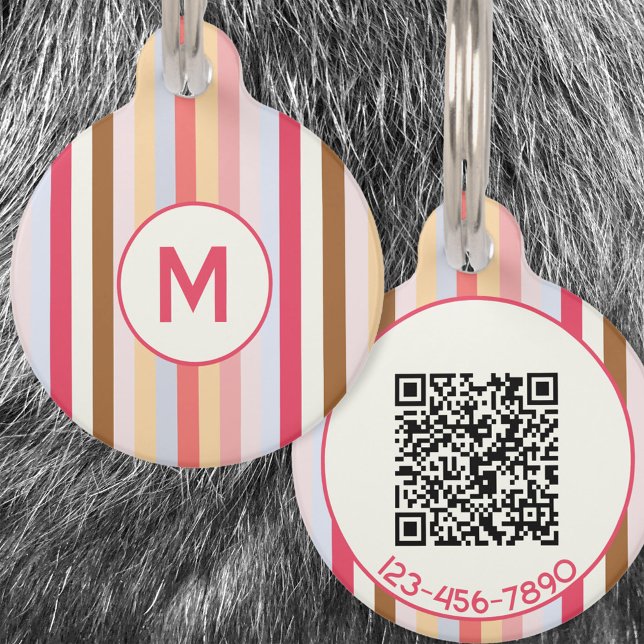 モノグラムモダンイニシャルパステルストライプQRコード ペット　ネームタグ (Pastel stripe monogram initial personalized QR code pet tag)