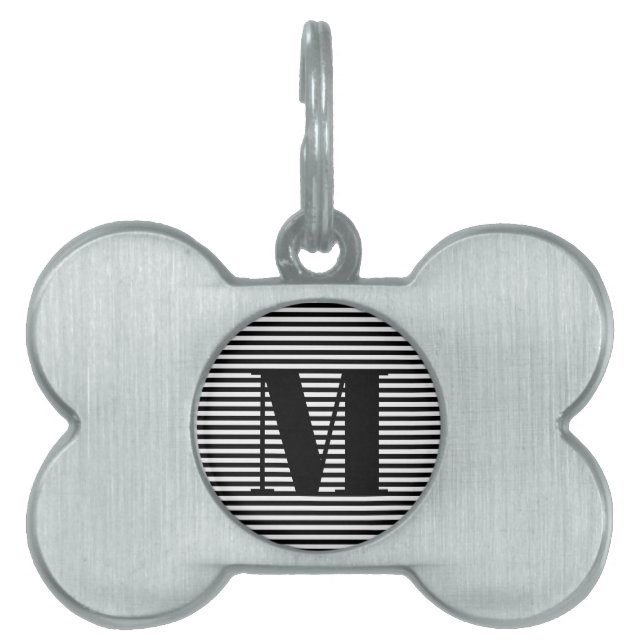 モノグラムモダンイニシャル白黒ストライプの ペットネームタグ (正面)