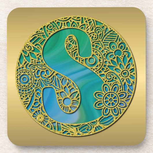 モノグラムモダンイニシャル金ゴールド手紙とターコイズ コースター (正面)