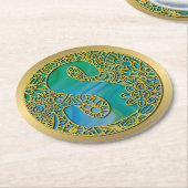 モノグラムモダンイニシャル金ゴールド手紙とターコイズ ラウンドペーパーコースター (アングル)