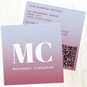 モノグラムモダンイニシャルQRコードピンクBluグラデーション スクエア名刺