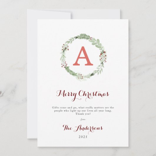 モノグラムモダンウォーターカラークリスマスリース写真 シーズンカード (正面)
