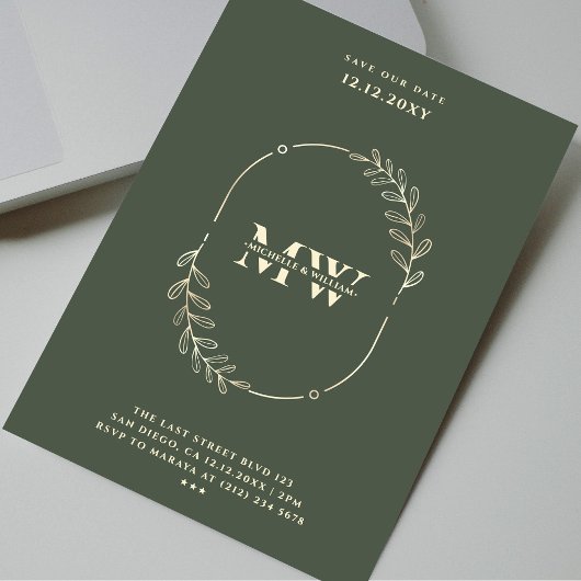 モノグラムモダンエレガントなウェディングダークグリーン金ゴールド 招待状