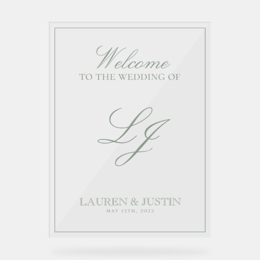 モノグラムモダンクラシックセージ緑のスクリプトへようこそ アクリルサイン (正面)