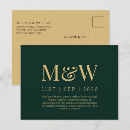 モノグラムモダングリーン金ゴールド結婚式招待状 ポストカード