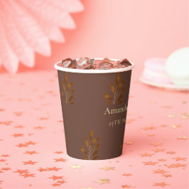 モノグラムモダンコーヒーブラウンと金ゴールドリーフ結婚 紙コップ
