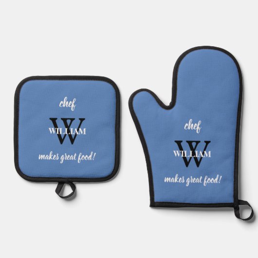 モノグラムモダンシックなスクリプトシェフ名ブ素朴ルー 鍋つかみ&鍋敷きセット (正面)