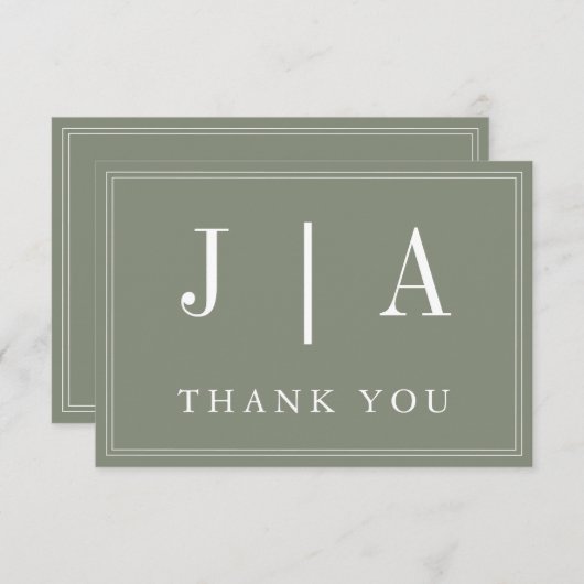 モノグラムモダンシンプルセージグリーンホワイト結婚ズ サンキューカード (正面/裏面)