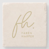 モノグラムモダンスクリプエレガントト赤面ピンク金ゴールド ストーンコースター (正面)