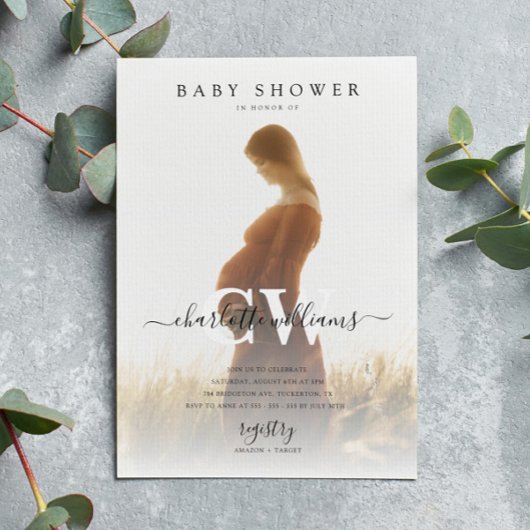 モノグラムモダンスクリプトフォトベビーシャワー 招待状