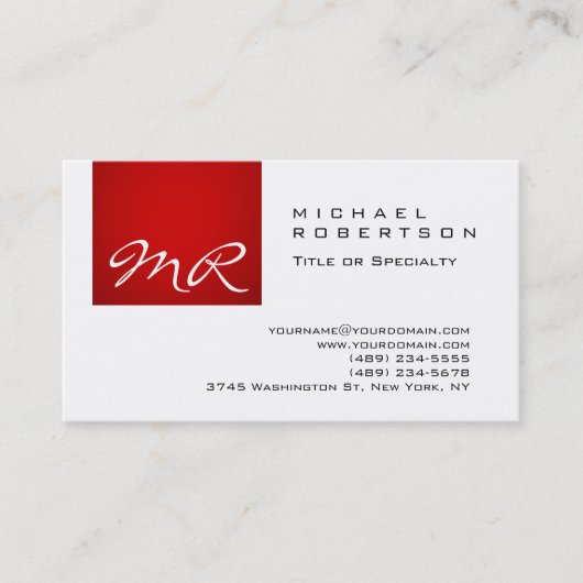 モノグラムモダンスクリプトホワイトレッドビジネスカード 名刺 (正面)