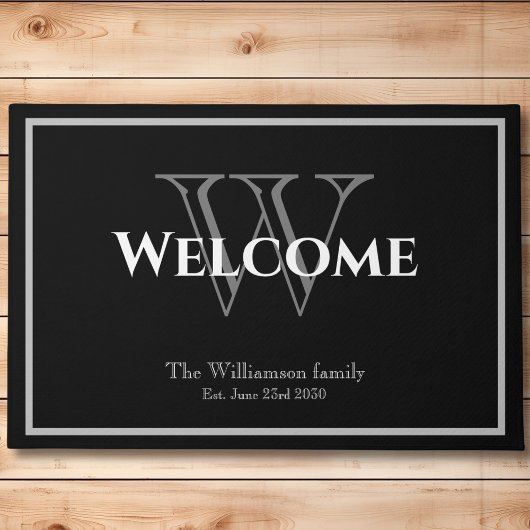 モノグラムモダンスクリプト名シック結婚の歓迎 ドアマット