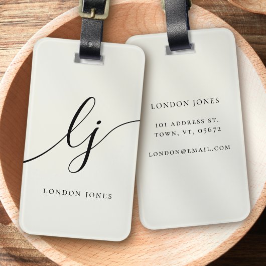 モノグラムモダンスクリプト書道アイボリーホワイト ラゲッジタグ