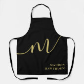 モノグラムモダンスクリプト書道ブラック金ゴールド名 エプロン (正面)