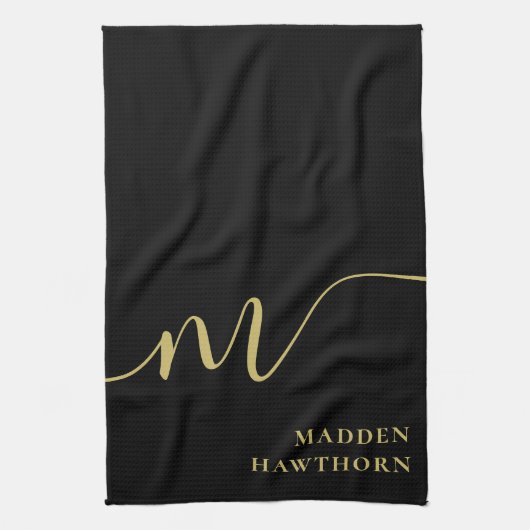 モノグラムモダンスクリプト書道ブラック金ゴールド名 キッチンタオル (縦)