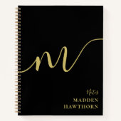 モノグラムモダンスクリプト書道ブラック金ゴールド名 ノートブック (正面)