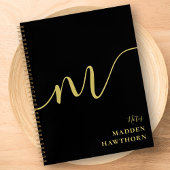 モノグラムモダンスクリプト書道ブラック金ゴールド名 ノートブック