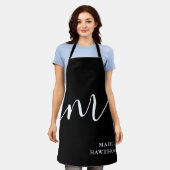 モノグラムモダンスクリプト書道白黒 エプロン (着用した状態)