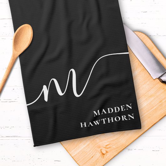 モノグラムモダンスクリプト書道白黒 キッチンタオル