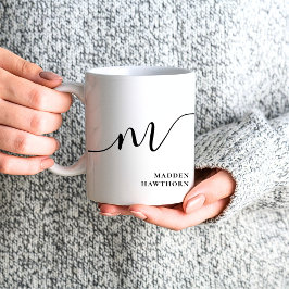 モノグラムモダンスクリプト書道白黒 コーヒーマグカップ
