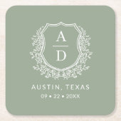 モノグラムモダンス結婚セージ緑のクレスト スクエアペーパーコースター (正面)