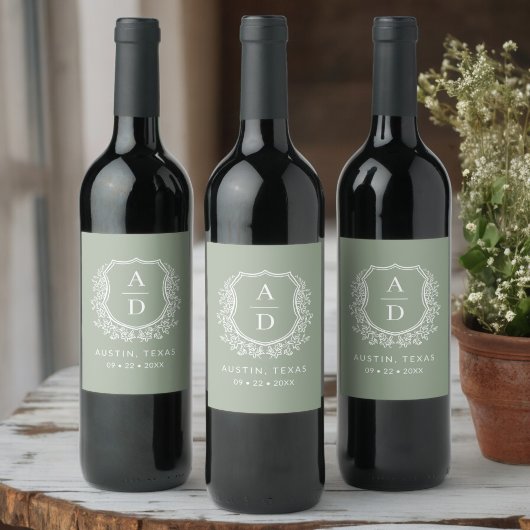 モノグラムモダンス結婚セージ緑のクレスト ワインラベル