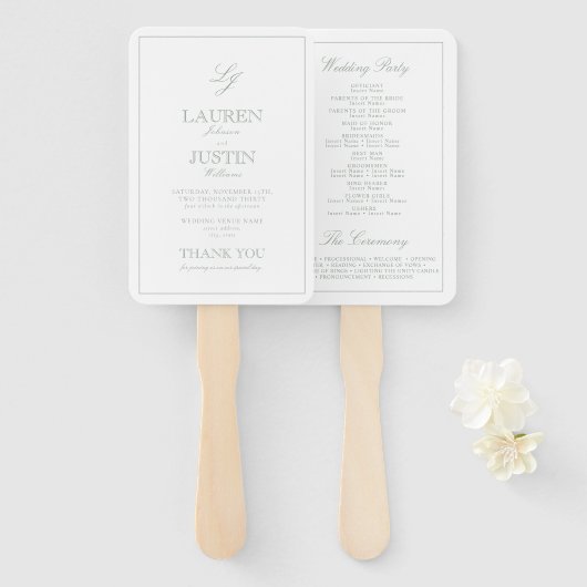 モノグラムモダンセージ緑のスクリプト結婚式 プログラム ハンドファン (正面&裏面)