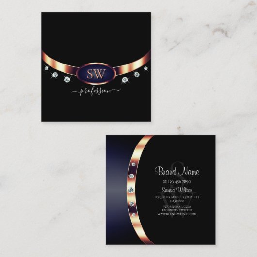 モノグラムモダンダイヤモンド付きブラックブルーバラ金ゴールド スクエア名刺 (正面/裏面)