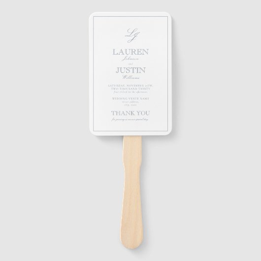 モノグラムモダンダスティブルースクリプト結婚式 プログラム ハンドファン (正面)