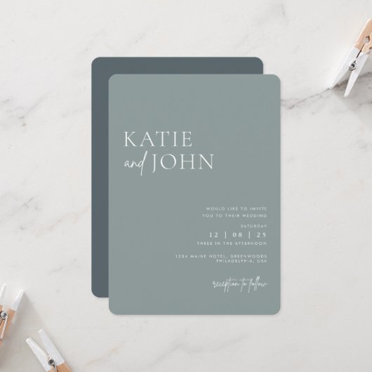 モノグラムモダンダスティブルー結婚ズ 招待状 (正面/裏面インサイチュ)