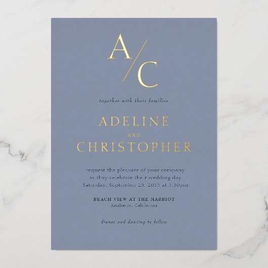 モノグラムモダンダスティブルー金ゴールド 箔招待状 (正面)