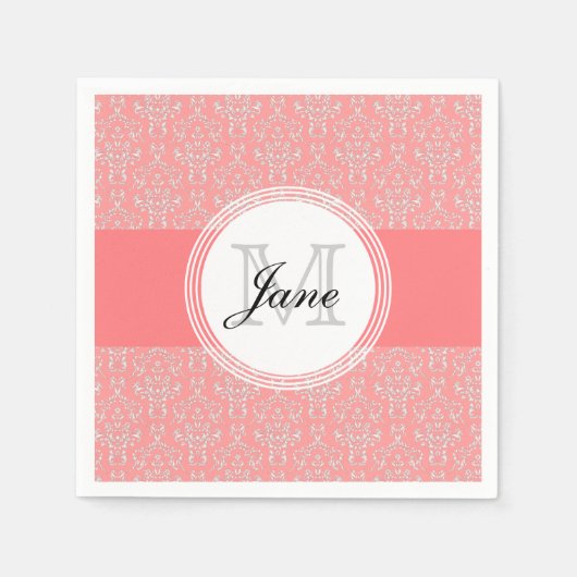 モノグラムモダンダマスクナプキンサンゴ スタンダードカクテルナプキン (正面)