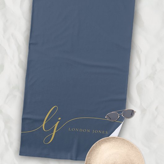 モノグラムモダンネイビエレガントー金ゴールドスクリプトイニシャル ビーチタオル