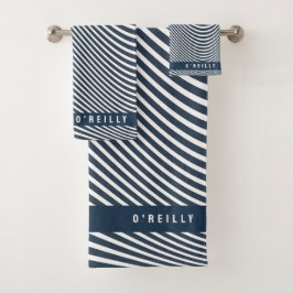 モノグラムモダンネイビーブルーとホワイトのストライプパターン バスタオルセット