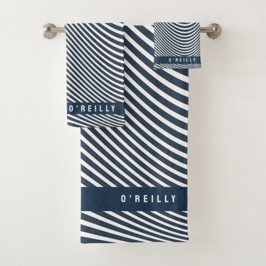 モノグラムモダンネイビーブルーとホワイトのストライプパターン バスタオルセット (インサイチュ)