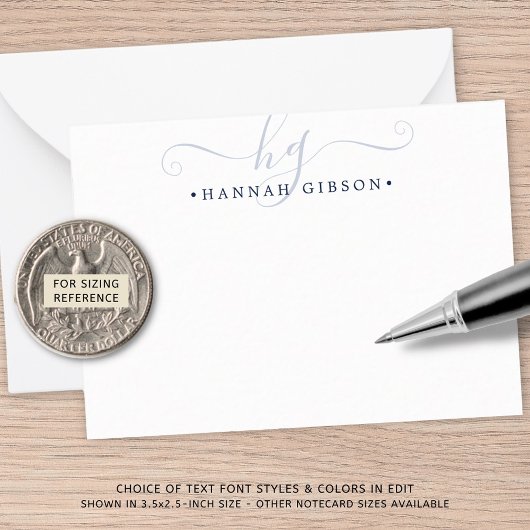 モノグラムモダンネイビーブルースクリプトイニシャル ノートカード