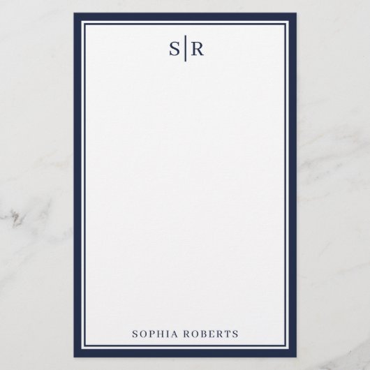 モノグラムモダンネイビーブルーホワイト名前をカスタムする 便箋 (正面)