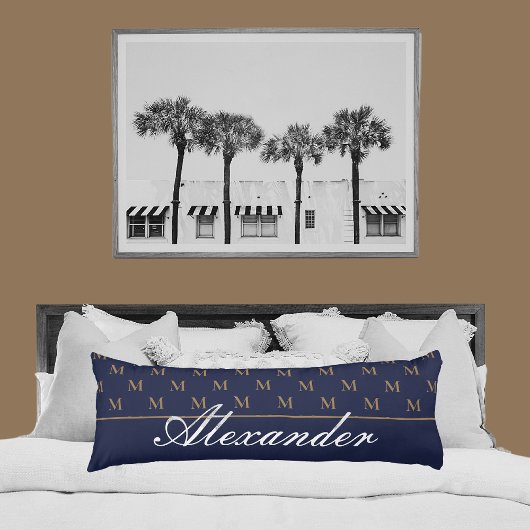 モノグラムモダンネイビーブルーホワイト金ゴールドエレガント ボディピロー