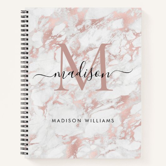モノグラムモダンバラ金ゴールド赤面ピンクマーブルフォイル ノートブック (正面)