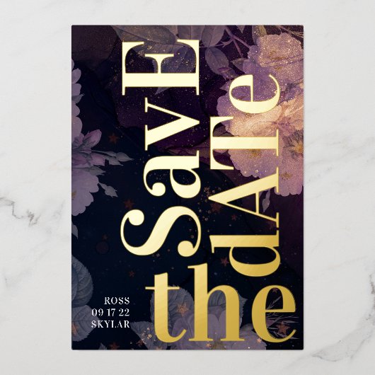 モノグラムモダンパープル秋の結婚式 箔招待状 (正面)