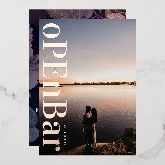 モノグラムモダンパープル秋の結婚式 箔招待状 (正面/裏面)