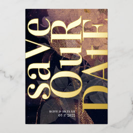 モノグラムモダンパープル秋フローラ結婚ズ 箔招待状