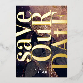 モノグラムモダンパープル秋フローラ結婚ズ 箔招待状