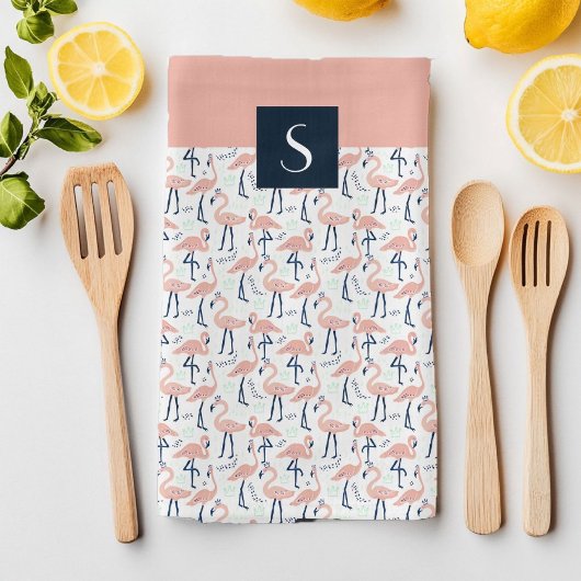 モノグラムモダンピンクフラミンゴ模様 キッチンタオル