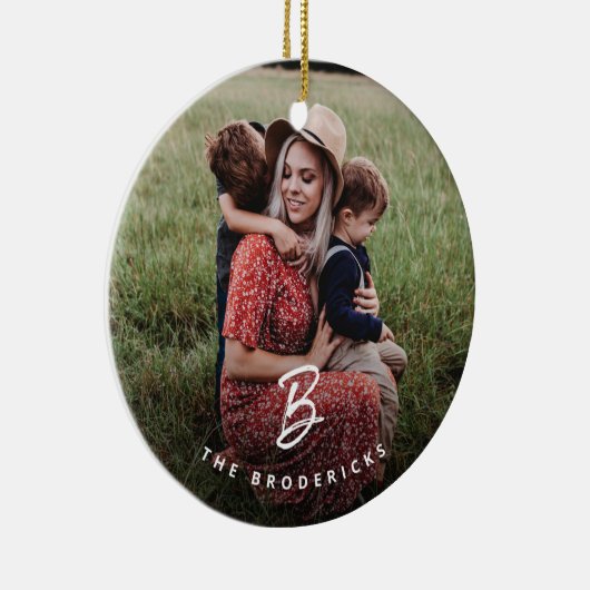 モノグラムモダンファミリーフォトホリデークリスマス セラミックオーナメント (右)