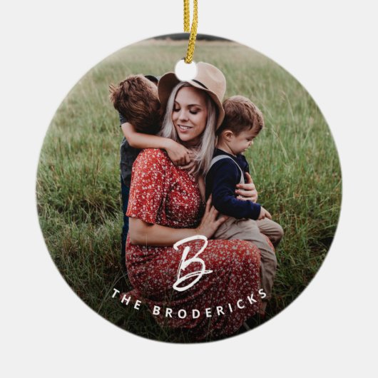 モノグラムモダンファミリーフォトホリデークリスマス セラミックオーナメント (正面)