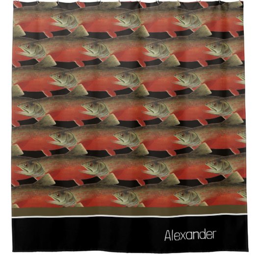 モノグラムモダンフィッシュサーモンデザイン白黒赤 シャワーカーテン (正面)